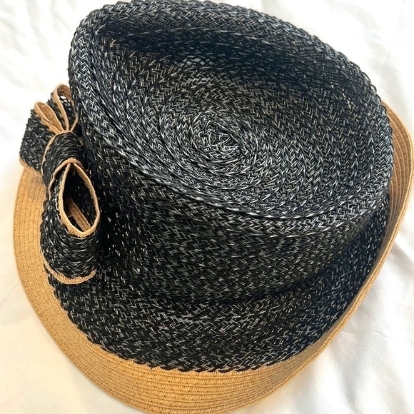 Jessica Simpson,NBW, Black Tan Straw Fedora Resort Beach Hat Bow Trim One Size - Picture 4 of 8